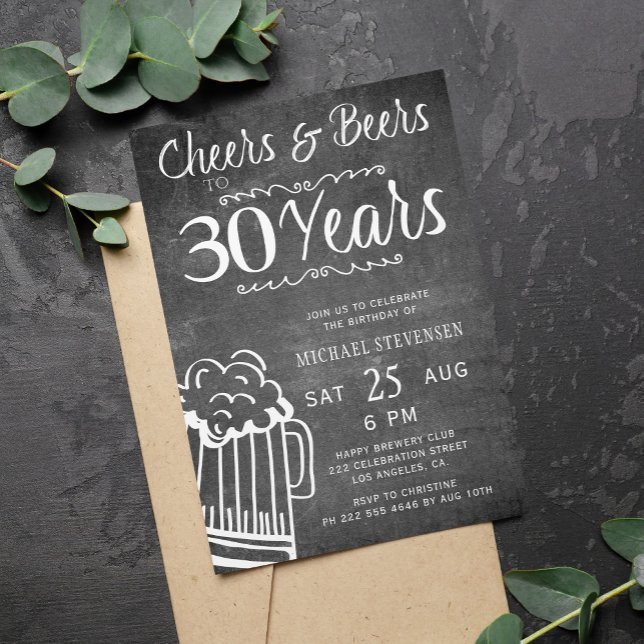Cheers and beers 30th men chalkboard birthday invitation (Creator Uploaded)