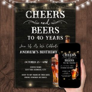 Cheers and Beers 40th Birthday Bar Lights Invitati Invitation