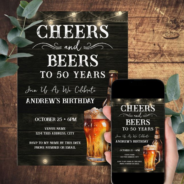 Cheers and Beers 50th Birthday Bar Lights Invitati Invitation (Creator Uploaded)