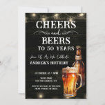 Cheers and Beers 50th Birthday Bar Lights Invitati Invitation<br><div class="desc">Cheers and Beers Birthday Invitations. Easy to personalize. All text is adjustable and easy to change for your own party needs. String lights rustic background elements. Fun Chalkboard swirls and flourishes. Watercolor beer mug. Invitations for him. Bar or backyard BBQ birthday design. Any age,  just change the text.</div>