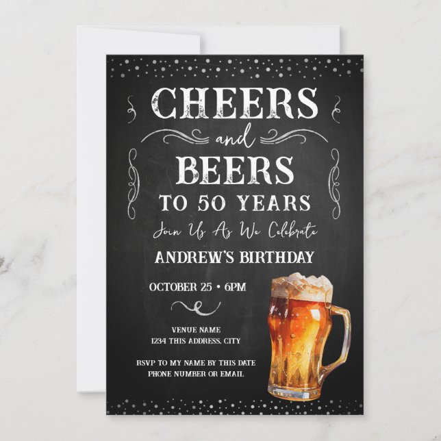 Cheers and Beers 50th Birthday Chalkboard Invitati Invitation (Front)