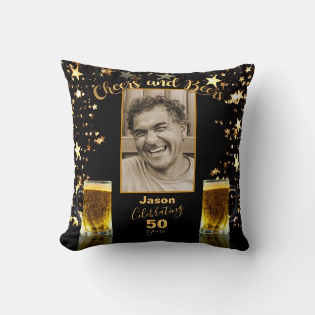Cheers and Beers 50th Birthday Photo Template Throw Pillow (Front)