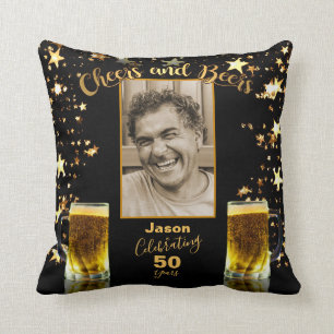 Cheers and Beers 50th Birthday Photo Template Throw Pillow