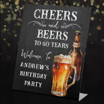 Cheers and Beers 60th birthday Pedestal Sign<br><div class="desc">Rustic Black Chalkboard watercolor beer bottle and pint glass. Rustic Outdoor or bar birthday decore for him. Any age. Easy to personalized template. All text can be adjusted using the design option. Fun,  simple,  casual birthday invites for him.</div>