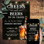Cheers and Beers 70th Birthday Bar Lights Invitati Invitation<br><div class="desc">Cheers and Beers Birthday Invitations. Easy to personalize. All text is adjustable and easy to change for your own party needs. String lights rustic background elements. Fun Chalkboard swirls and flourishes. Watercolor beer mug. Invitations for him. Bar or backyard BBQ birthday design. Any age,  just change the text.</div>