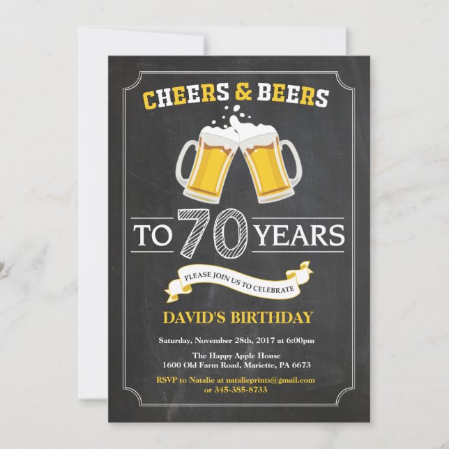 Cheers and Beers 70th Birthday Invitation Card (Front)