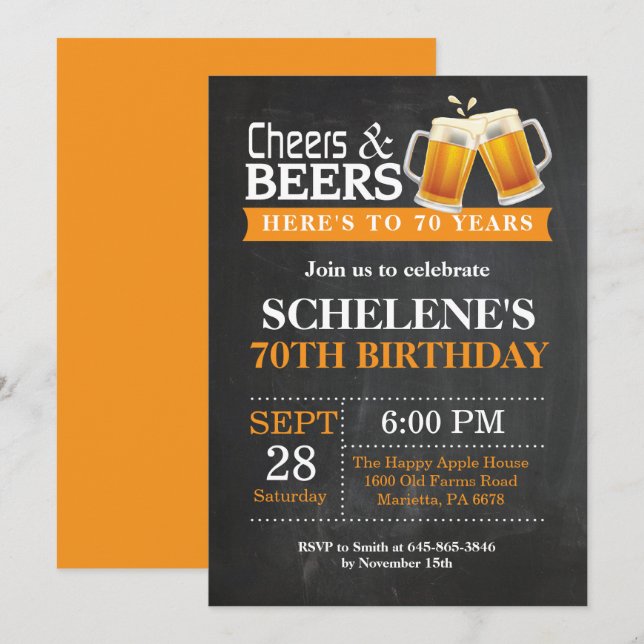 Cheers and Beers 70th Birthday Invitation Card (Devant / Derrière)