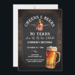 Cheers and Beers 70th Birthday Party Invitation<br><div class="desc">Cheers and Beers Birthday Invitations. Easy to personalize. All text is adjustable and easy to change for your own party needs. Chalkboard and rustic wood background elements. Fun Chalkboard swirls and flourishes. Watercolor beer mug. Invitations for him. Bar or backyard BBQ birthday design. Any age,  just change the text.</div>