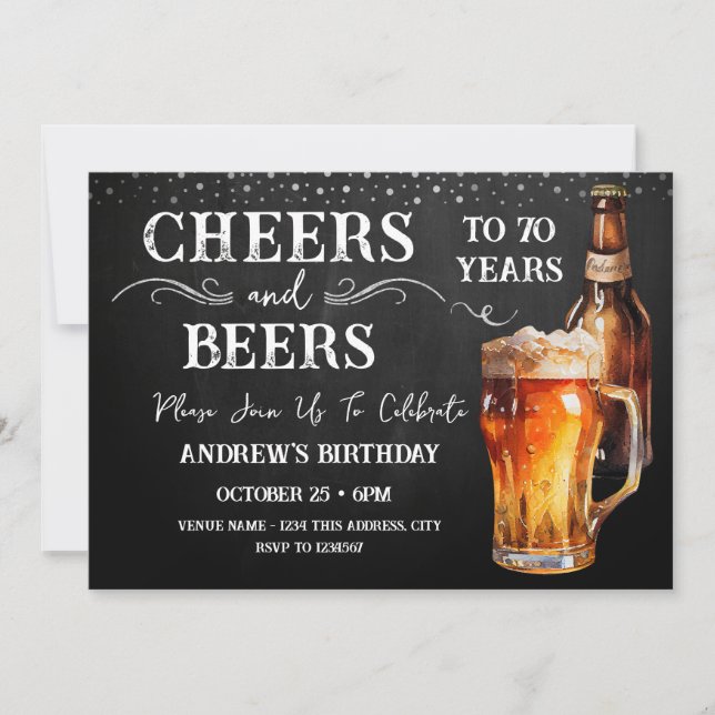 Cheers and Beers 70th Birthday Rustic Invitation (Front)
