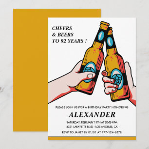 Cheers and Beers Adult Men 92nd birthday Invitation