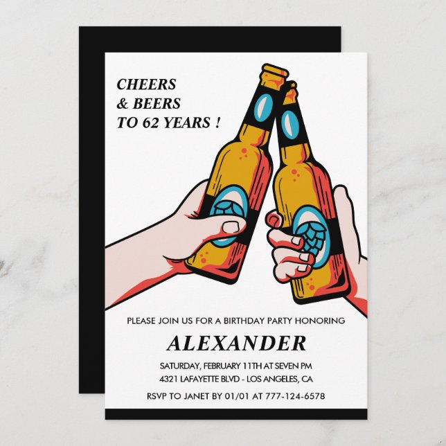 Cheers and Beers Black Rustic Men 62nd birthday Invitation (Front/Back)