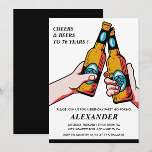 Cheers and Beers Black Rustic Men 76th birthday Invitation