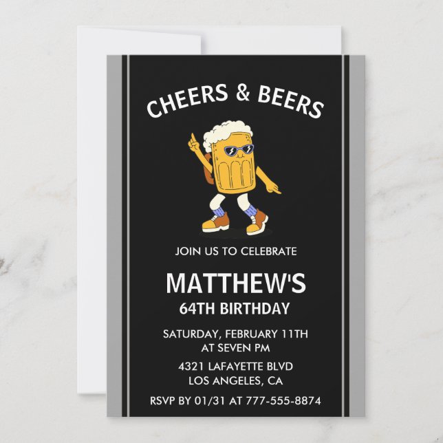 Cheers and Beers Funny Black 64th birthday Invitation (Front)