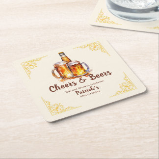 Cheers and Beers Glass Bottle 50th Birthday Square Paper Coaster