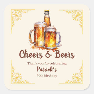 Cheers and Beers Glass Bottle 50th Birthday Square Sticker