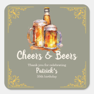 Cheers and Beers Glass Bottle 50th Birthday Square Sticker