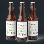 Cheers and Beers Golf 40th Birthday Party Beer Bottle Label<br><div class="desc">This is a cool and modern, 40th birthday, golf party design. It is a simple, minimal design, in classic black and white with gold, orange and green coloured typography. Perfect for a cool and fun, golf and beer themed, 40th birthday party. This design is fully customizable, simply use the personalize...</div>
