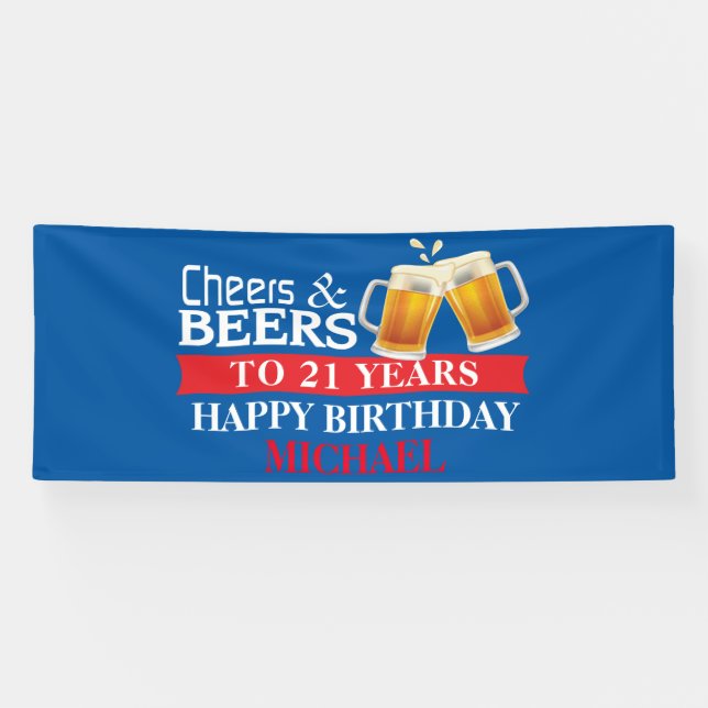 Cheers and Beers Happy 21st Birthday Red and Blue Banner (Horizontal)