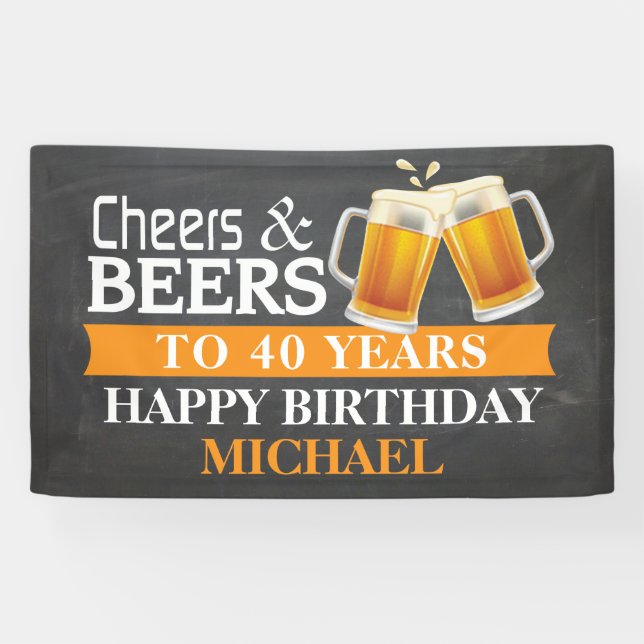 Cheers and Beers Happy 40th Birthday Banner Orange (Horizontal)