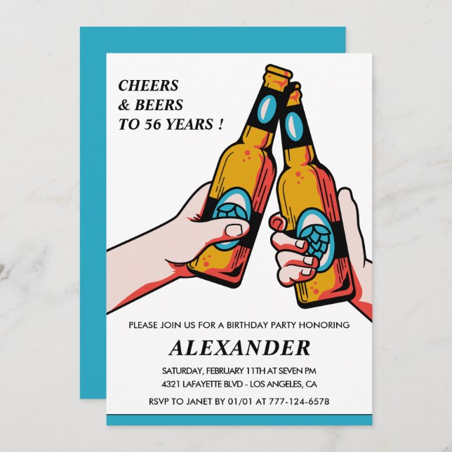 Cheers and Beers Rustic Men Blue 56th birthday Invitation (Front/Back)