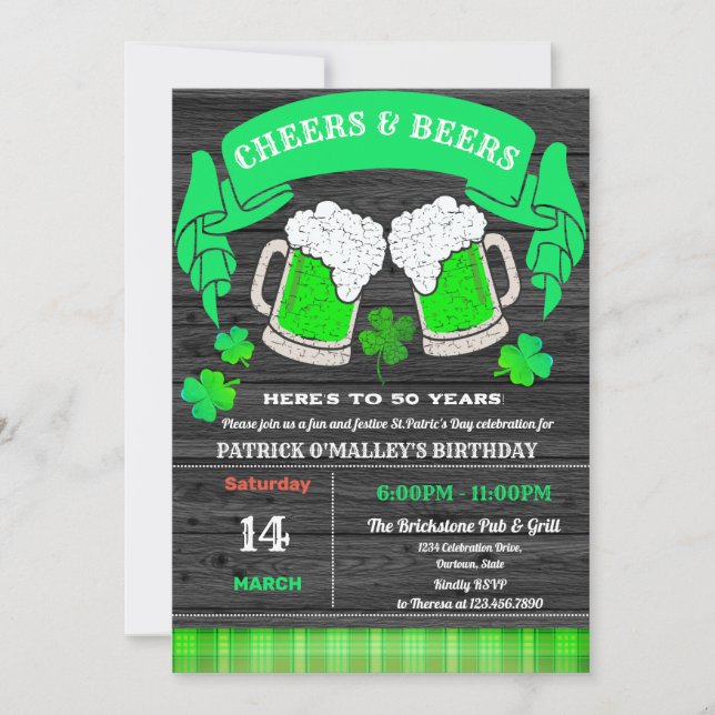 Cheers and Beers St. Patrick's Day Birthday Party  Invitation (Front)