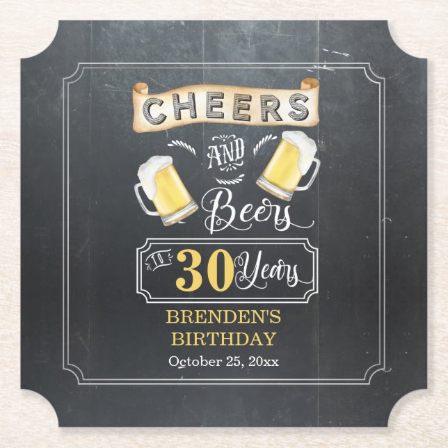 Cheers and Beers to 30 Years Birthday Party  Paper Coaster (Front)