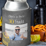 Cheers and beers to 30 years men birthday photo can cooler<br><div class="desc">Informal and funny cheers and beers men thirty birthday custom photo keepsake party personalized can cooler with a fancy typography script, a yellow doodle beer mug, and swirls on a rustic vintage dark grey chalkboard background. Suitable as a keepsake gift for any age or milestone birthday party or long-distance virtual...</div>
