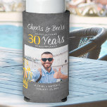 Cheers and beers to 30 years men birthday photo seltzer can cooler<br><div class="desc">Informal and funny cheers and beers men thirty birthday custom photo keepsake party personalized can cooler with a fancy typography script, a yellow doodle beer mug, and swirls on a rustic vintage dark grey chalkboard background. Suitable as a keepsake gift for any age or milestone birthday party or long-distance virtual...</div>