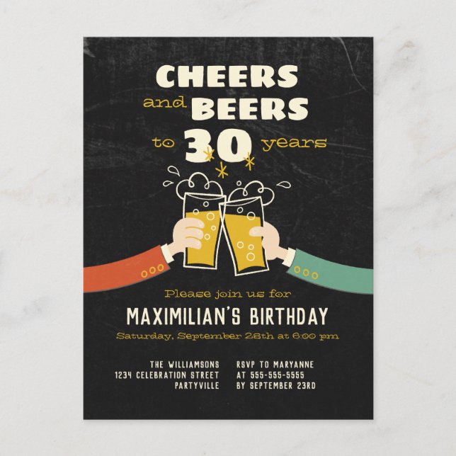 Cheers And Beers To 30 Years Retro Invitation Postcard (Front)