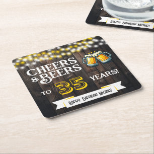 Cheers and Beers to 35 Years Rustic Birthday Square Paper Coaster