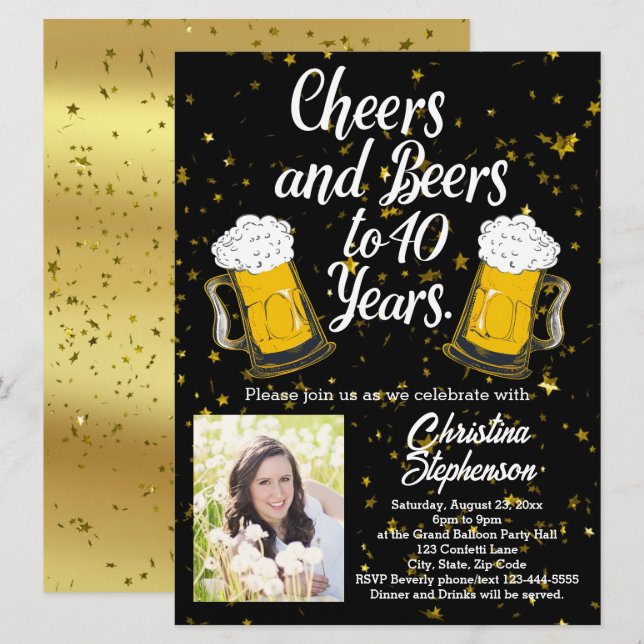 Cheers and Beers to 40 Years 40th Birthday Photo Invitation (Front/Back)