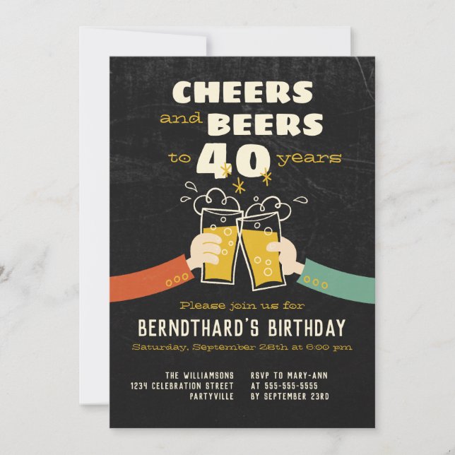 Cheers And Beers To 40 Years Retro Cartoon Invitation (Front)