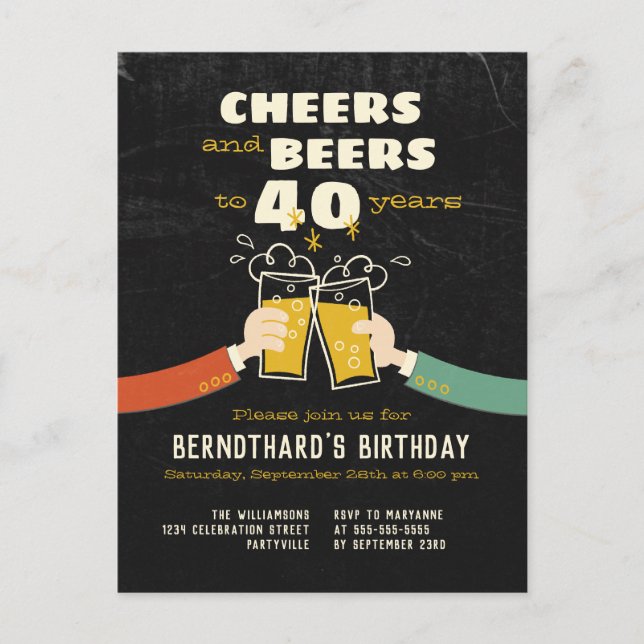 Cheers And Beers To 40 Years Retro Invitation Postcard (Front)