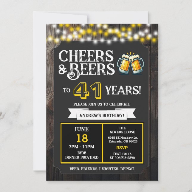 Cheers and Beers to 41 Years Backyard BBQ Birthday Invitation (Front)
