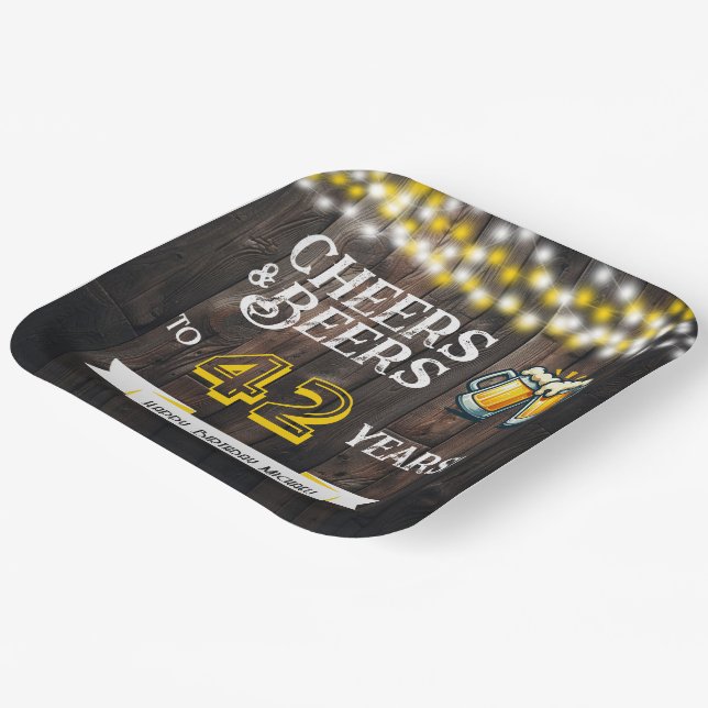 Cheers and Beers to 42 Years Rustic Birthday Paper Plate (Angled)