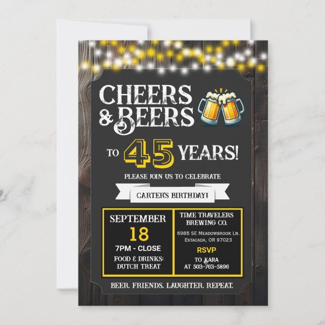 Cheers and Beers to 45 Years Brewery Birthday Invitation (Front)