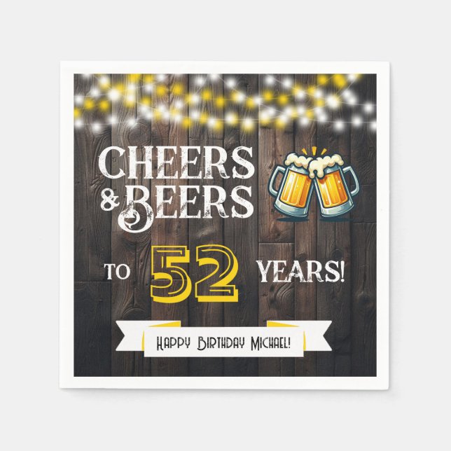 Cheers and Beers to 52 Years Rustic Birthday Party Napkin (Front)