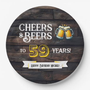 Cheers and Beers to 59 Years Rustic Birthday Paper Plate