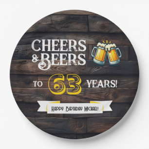 Cheers and Beers to 63 Years Rustic Birthday Paper Plate