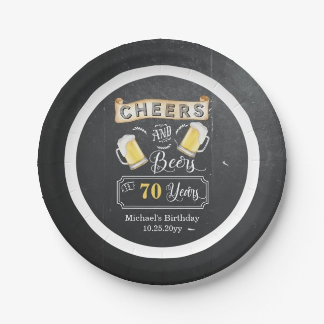 Cheers and Beers to 70 Years Birthday Paper Plate (Front)