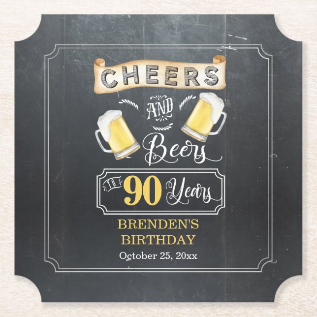Cheers and Beers to 90 Years Birthday Party Paper Coaster (Front)