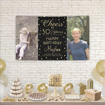 Cheers Any Year Birthday 2 Photo Black Gold 50th Banner<br><div class="desc">Celebrate a happy milestone birthday with a custom 2 photo black and gold party banner. Design features two images of your choice, modern script calligraphy customizable "Cheers to 50 Years" and gold faux foil confetti dots on a black background. Please note that text is printed colour, not metallic foil. The...</div>