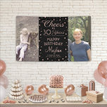 Cheers Any Year Birthday 2 Photo Pink and Black Banner<br><div class="desc">Celebrate a happy milestone birthday with a custom 2 photo pink and black party banner. Design features two images of your choice, modern script calligraphy customizable "Cheers to 30 Years" and rose gold faux foil confetti dots on a black background. Please note that text is printed colour, not metallic foil....</div>