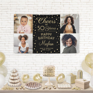 Cheers Any Year Birthday 4 Photo Black Gold 50th Banner