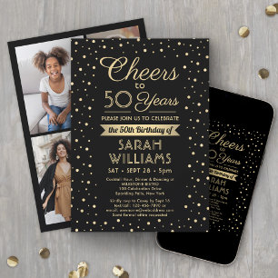 Cheers Any Year Birthday Black Gold Confetti 50th Invitation