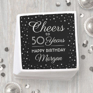 Cheers Any Year Birthday Confetti Black and Silver Napkin