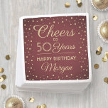 Cheers Any Year Birthday Glitter Burgundy Red Gold Napkin<br><div class="desc">Add an elegant personalized touch to birthday party decorations with these custom burgundy and gold paper napkins. Design features modern script calligraphy customizable "Cheers to 50 Years" and gold faux glitter confetti dots on a maroon red background. Please note that text is printed colour, not metallic foil. This template is...</div>