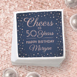 Cheers Any Year Birthday Glitter Navy Blue & Pink Napkin<br><div class="desc">Add an elegant personalized touch to birthday party decorations for her with these custom navy blue and pink rose gold paper napkins. Design features modern script calligraphy customizable "Cheers to 50 Years" and rose gold faux glitter confetti dots on a navy blue background. Please note that text is printed colour,...</div>