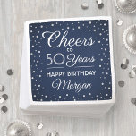 Cheers Any Year Birthday Glitter Navy Blue & White Napkin<br><div class="desc">Add an elegant personalized touch to birthday party decorations with these custom navy blue and white paper napkins. Design features modern script calligraphy customizable "Cheers to 50 Years" and silver faux glitter confetti dots on a navy blue background. This template is set up for a 50th birthday celebration, but is...</div>