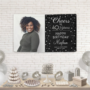Cheers Any Year Birthday Photo Black White Silver Banner